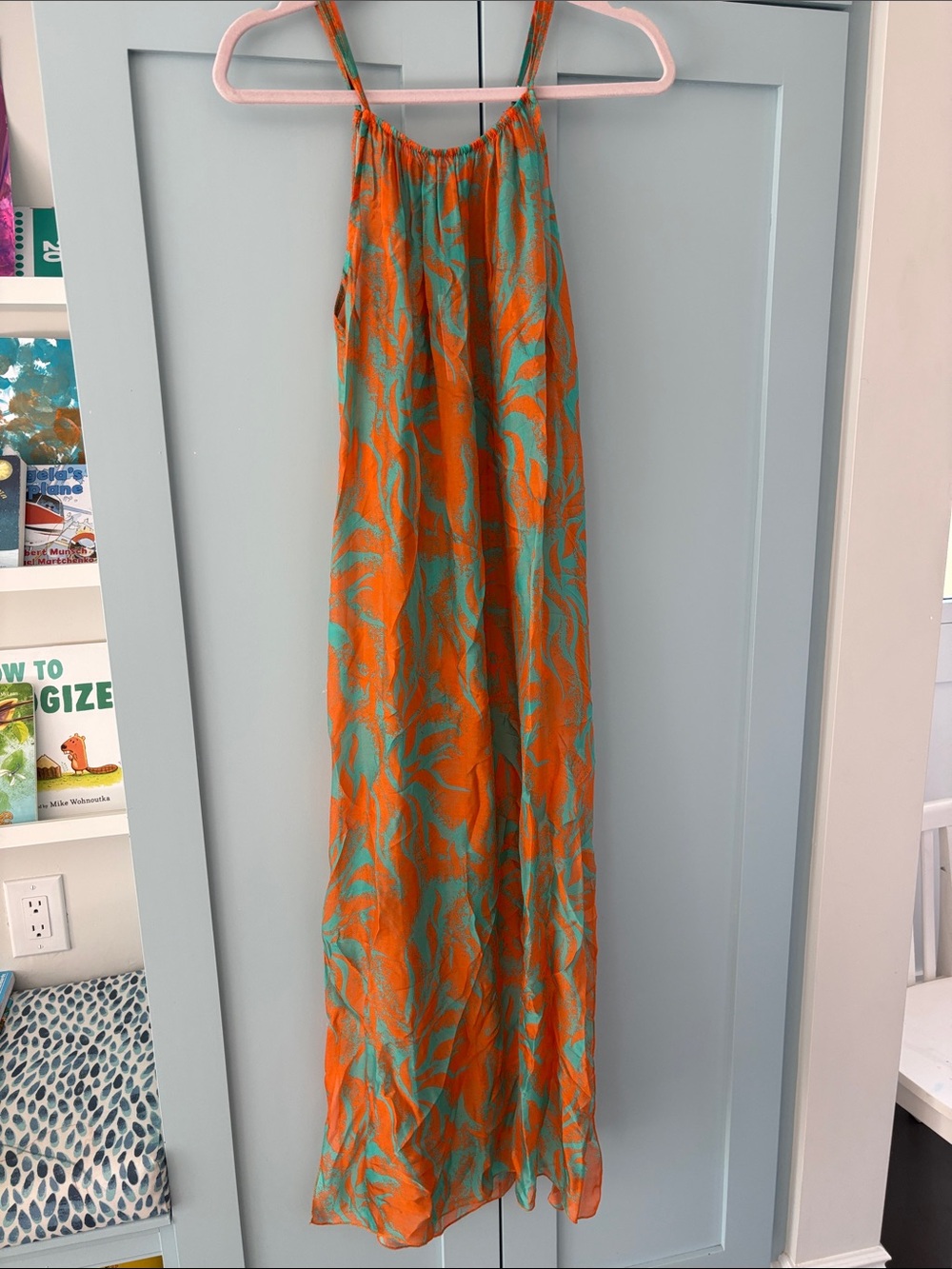 Orange & Teal Sheer Leaf Print Maxi Dress